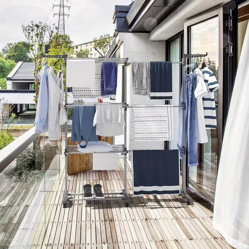Séchoir à Linge 4 Niveaux Réglable avec Roulettes et Ailes Pliables