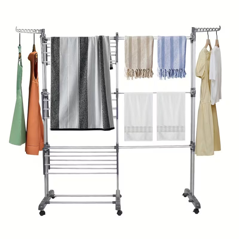 Séchoir à Linge 4 Niveaux Réglable avec Roulettes et Ailes Pliables