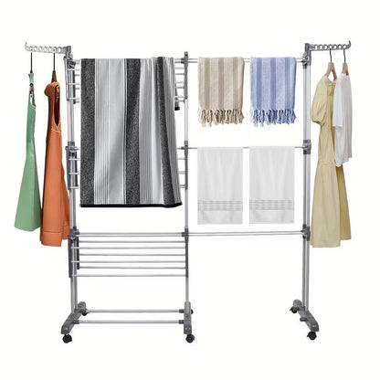 Séchoir à Linge 4 Niveaux Réglable avec Roulettes et Ailes Pliables