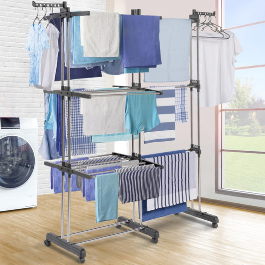 Séchoir à Linge 4 Niveaux Réglable avec Roulettes et Ailes Pliables