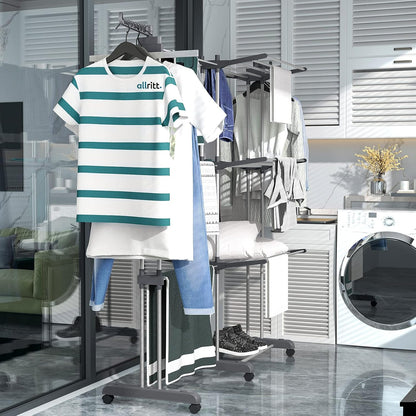 Séchoir à Linge 4 Niveaux Réglable avec Roulettes et Ailes Pliables