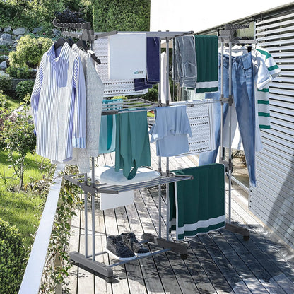 Séchoir à Linge 4 Niveaux Réglable avec Roulettes et Ailes Pliables
